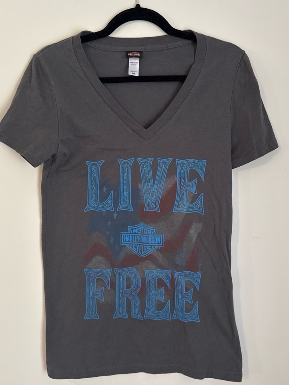 Harley-Davidson Gray V-Neck Tee with Blue 'LIVE FREE' Graphic